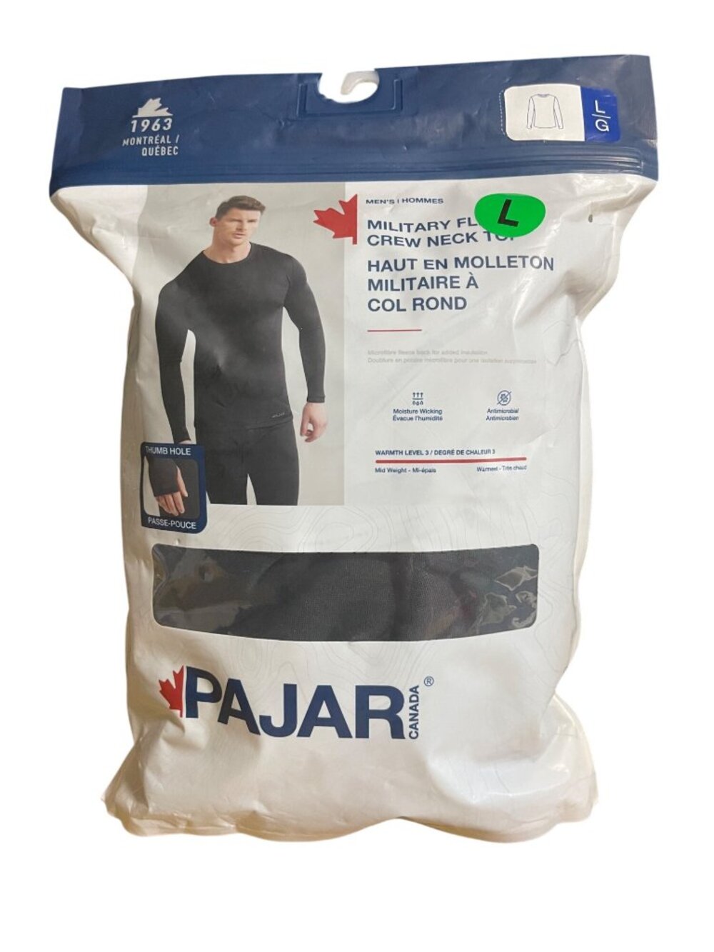 Pajar Canada Military Fleece Baselayer Black Crew Neck Top Mens Size Large